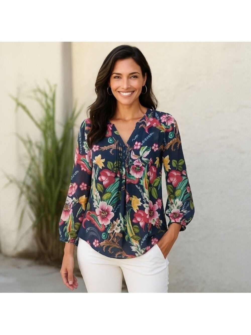 Soft Surroundings Navy Blue Floral Samantha Georgette Top - Medium